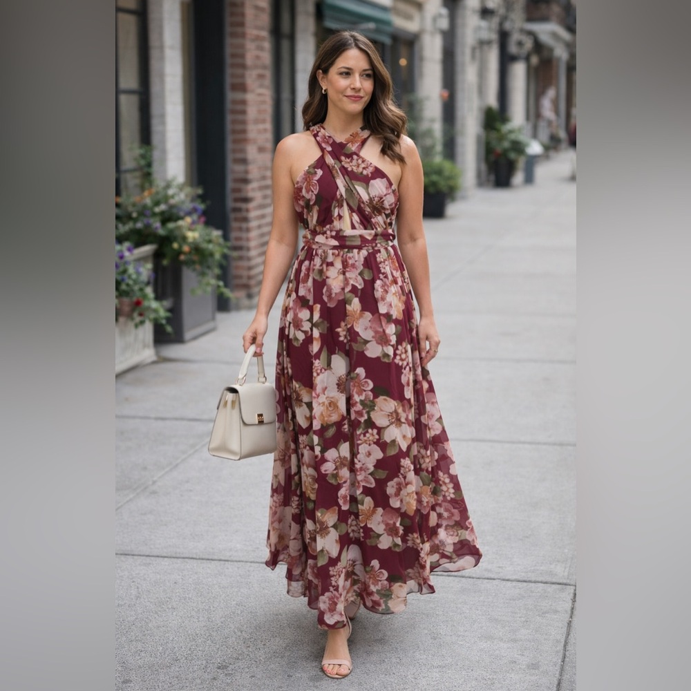 #Boutique Women’s Mauve Sleeveless Front Key Hole Floral Maxi Dress Medium NWOT